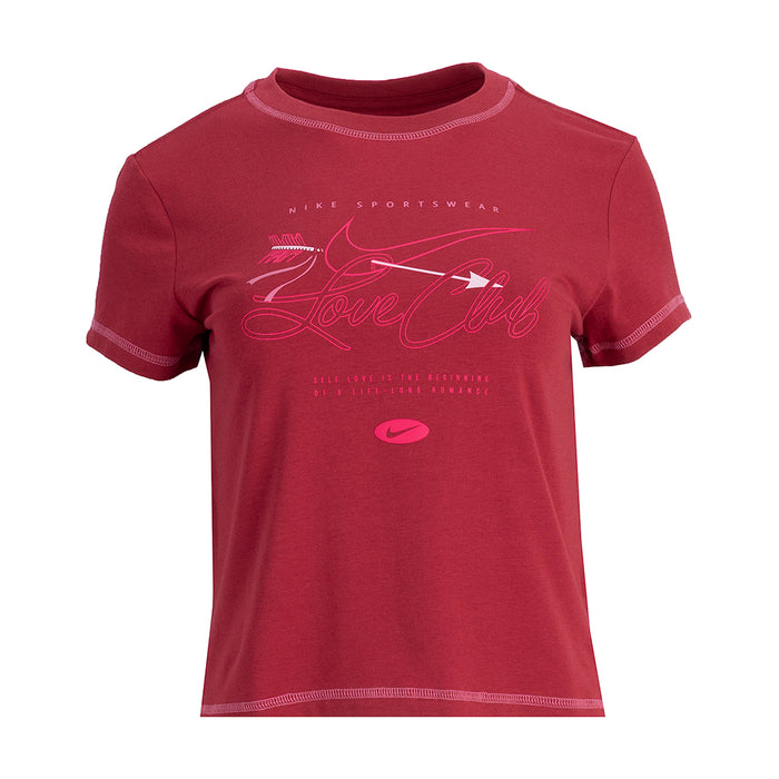 Women's knit crop T-shirt in crimson red with Love Chill graphic and crew neck