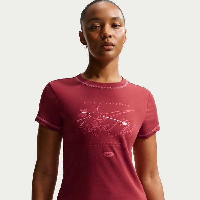 Women's knit crop T-shirt in crimson red with Love Chill graphic and short sleeves