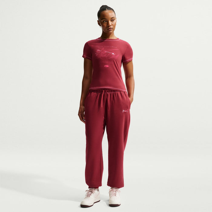 Women's knit crop T-shirt with Love Chill graphic and matching crimson jogger pants