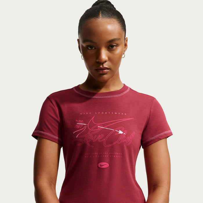 Women's knit crop T-shirt in crimson red with Love Chill graphic and crew neck