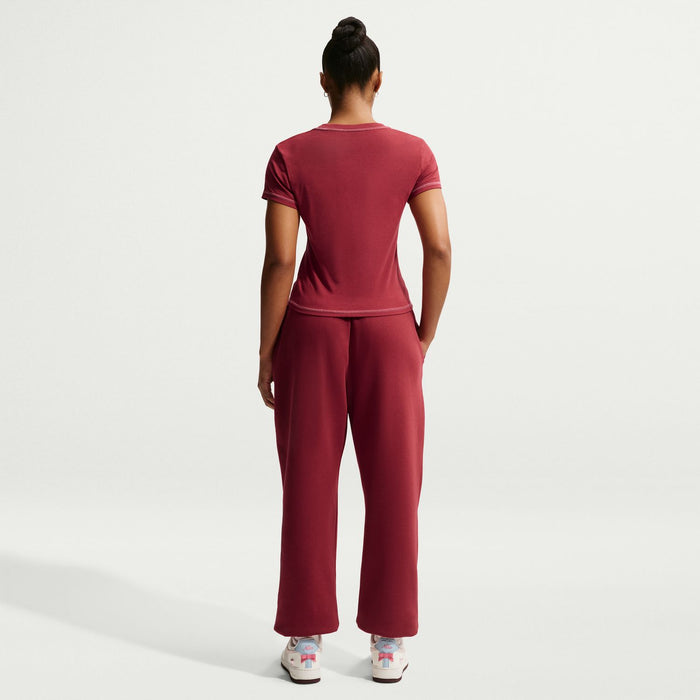 Women's knit crop T-shirt and matching jogger pants in crimson red, back view
