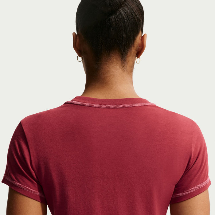 Women's knit crop T-shirt back in crimson red with ribbed crew neckline