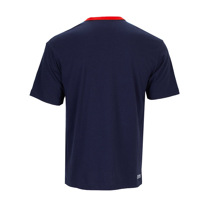 Men's navy relaxed tee, back view with red crew neck trim
