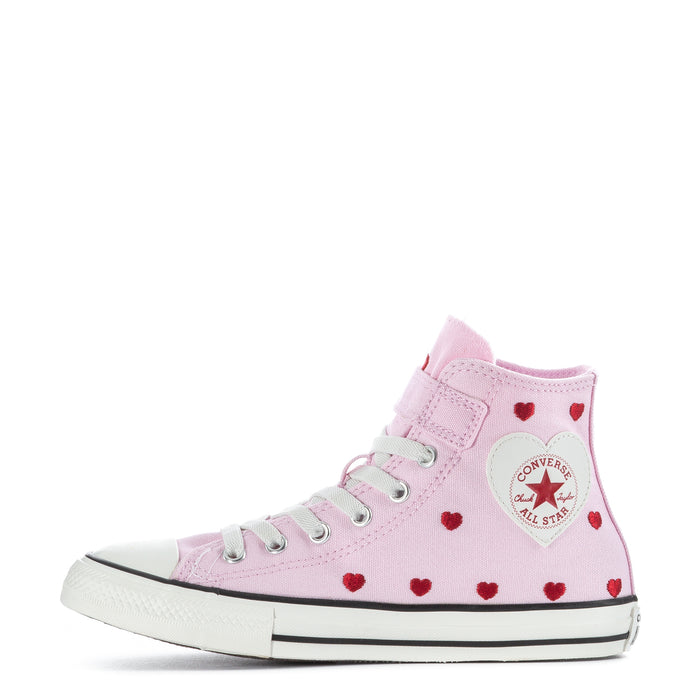 Kids pink high-top sneakers with red heart print and Converse All Star side patch