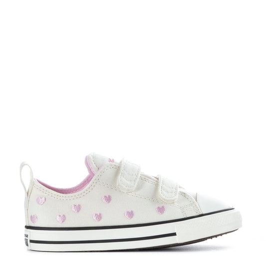 Toddler low-top sneakers with pink heart print, white canvas, hook-and-loop straps