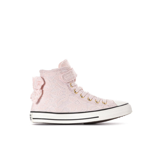 Kids high-top sneakers in light pink lace with bow detail and gold-tone eyelets