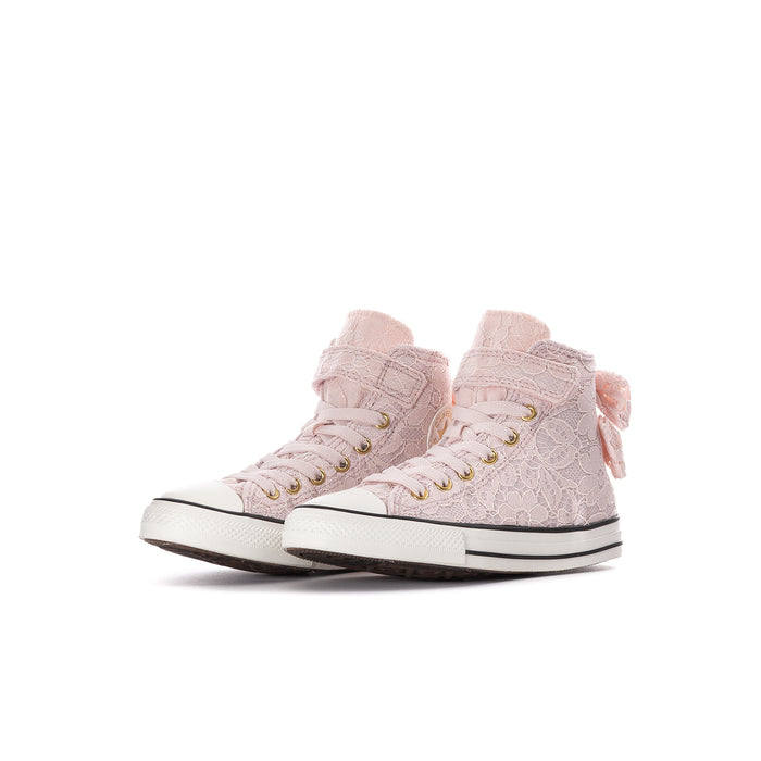 Kids pink high-top sneakers with lace-up front, bow accents, and white rubber sole