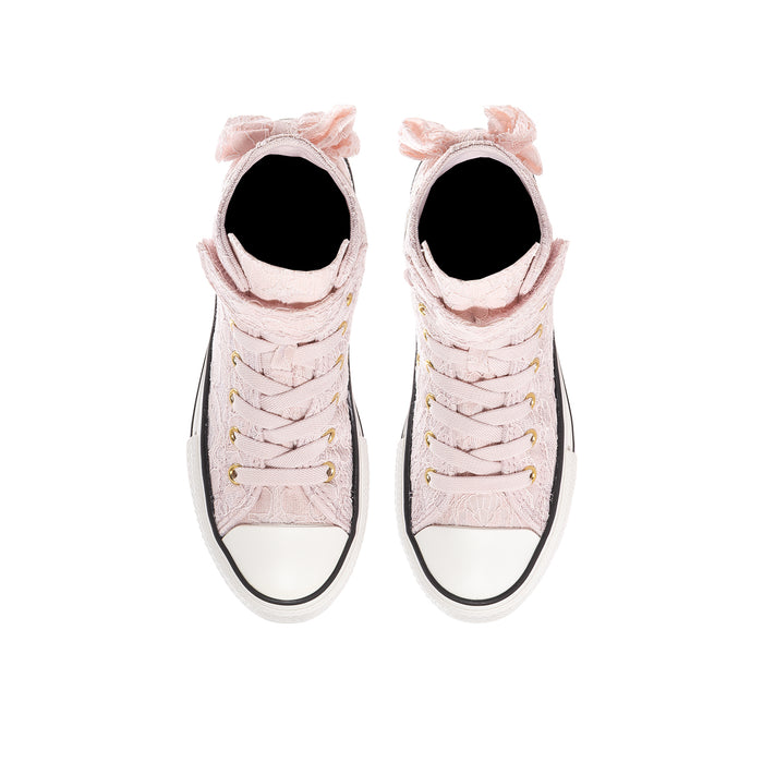 Kids high-top sneakers with pink lace upper, bow-trim tongues, and black lining
