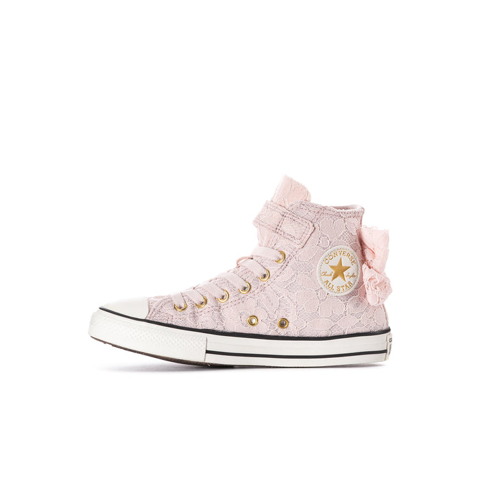Kids pink lace high-top sneakers with star logo patch, bow detail, and gold eyelets