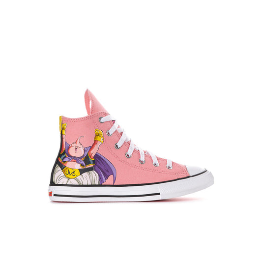 Kids pink high-top sneakers with cartoon side graphic, white laces, and black trim