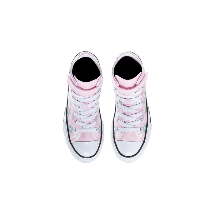 Kids' high-top sneakers with pink lining and padded collar, white laces, rubber toe caps