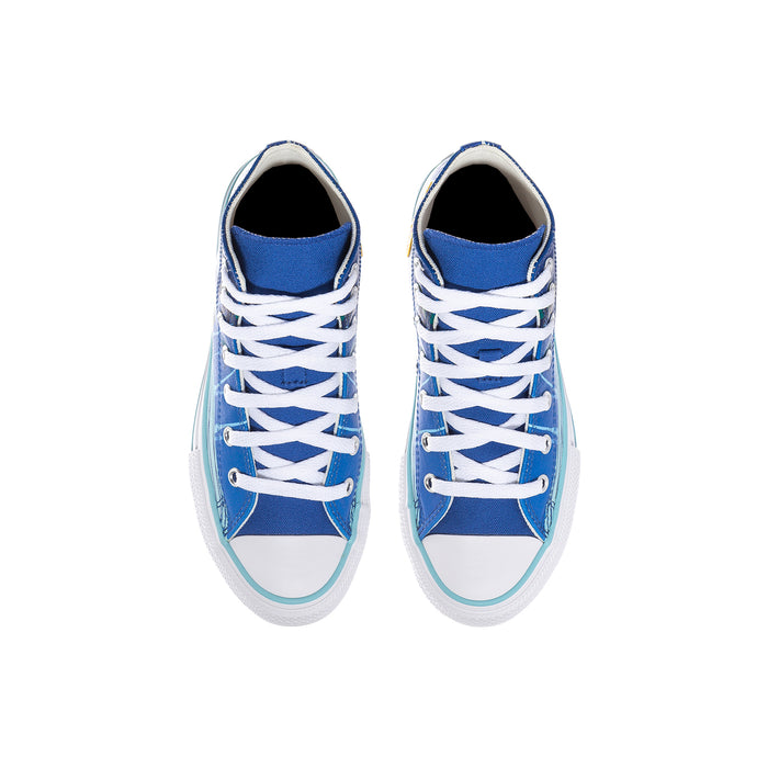 Blue kids high-top sneakers viewed from front with white crisscross laces