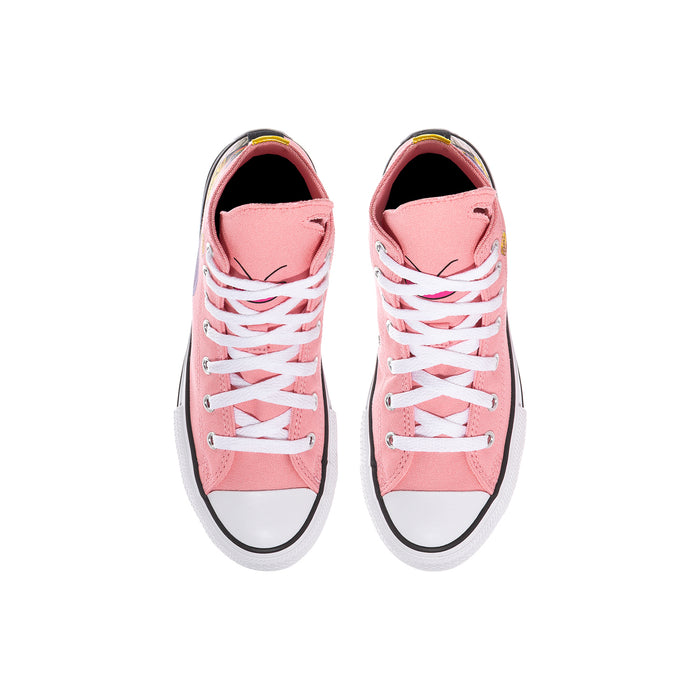 Kids pink high-top sneakers with white laces and black rubber toe cap, top view