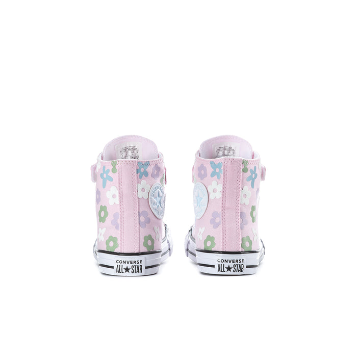 Kids' high-top sneakers backs in pink floral canvas, heel tabs, Converse All Star branding