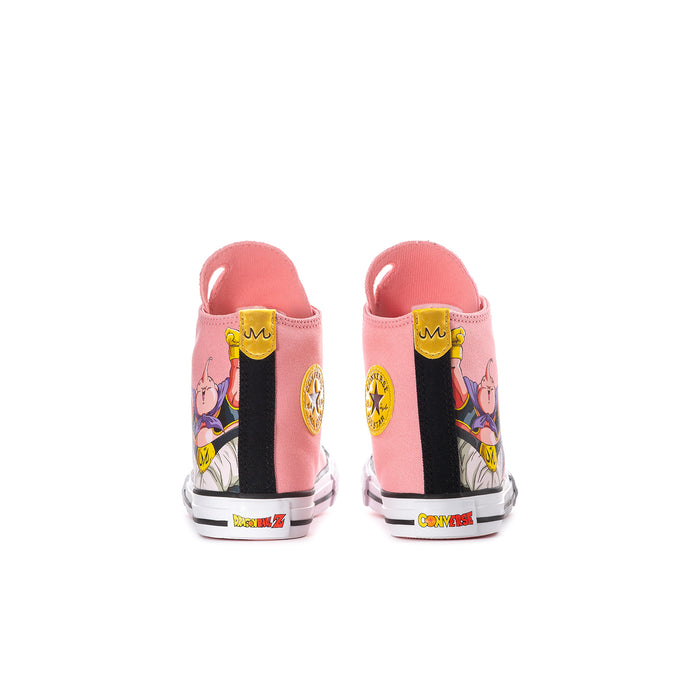 Kids pink high-top sneakers with cartoon heel and ankle patch, back view
