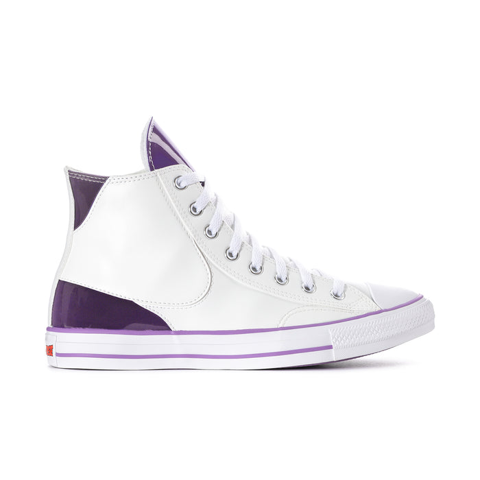 Men's high-top sneakers with white upper, purple side panel, and lace-up closure