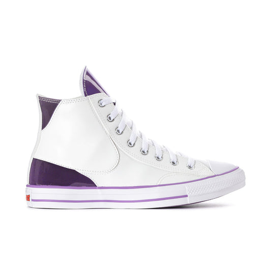 Men's high-top sneakers with white upper, purple side panel, and lace-up closure
