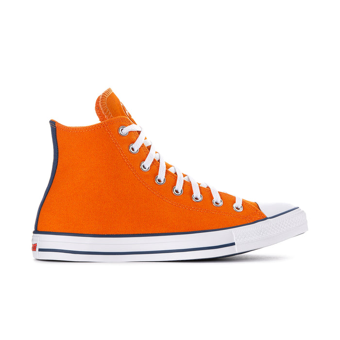 Men's Chuck Taylor high-top sneakers, orange canvas upper with white laces and navy trim