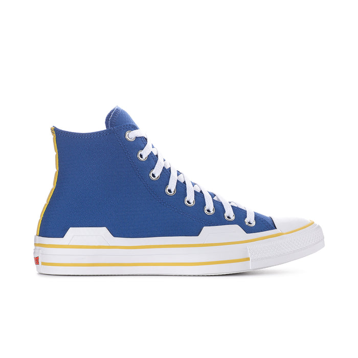 Chuck Taylor All Star high-top sneakers in blue canvas with white laces and yellow trim
