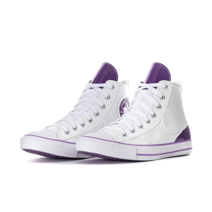 Men's high-top sneakers, white upper with purple trim, lace-up front and rubber sole
