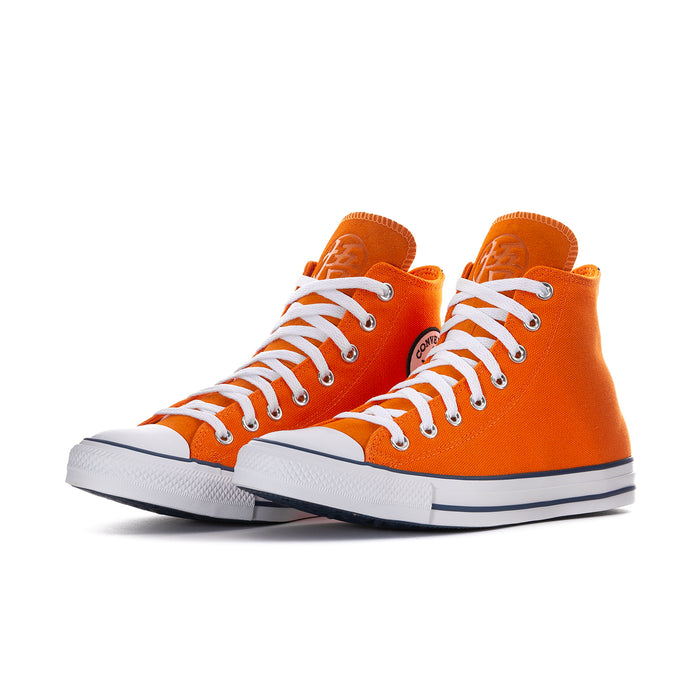 Pair of men's Chuck Taylor high-top sneakers in orange with white laces and striped sidewall