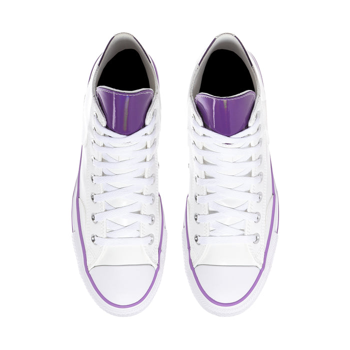 Men's high-top sneakers showing purple interior lining and white lace-up uppers