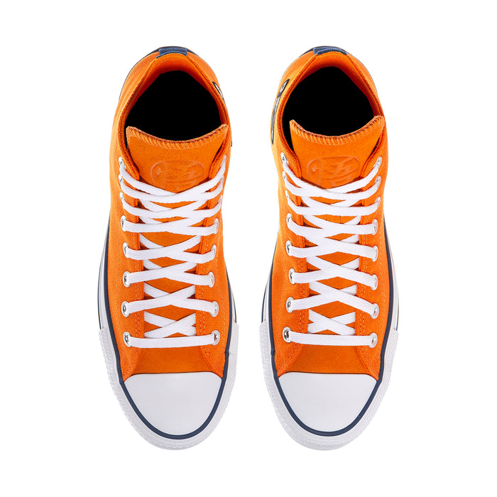 Men's Chuck Taylor high-top sneakers, orange uppers with white laces and rounded toe