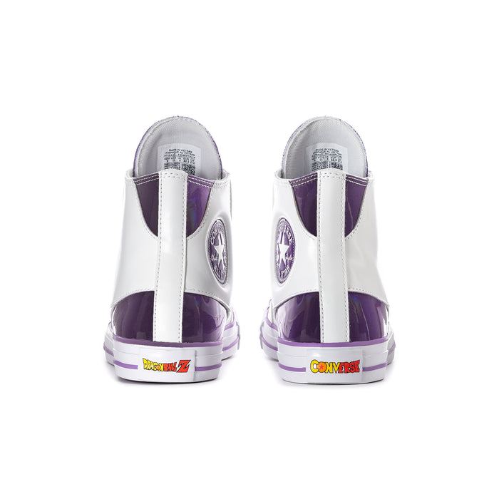 Men's high-top sneakers with rear Converse logo patch, white heel, and purple accents