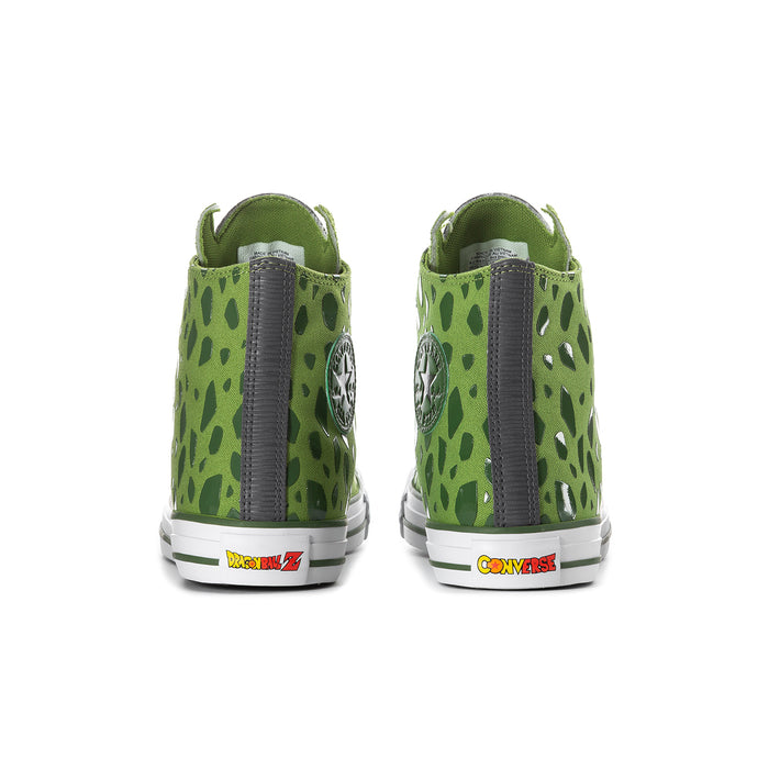 Back view of bright green high-top Converse sneakers with heel patch and white sole