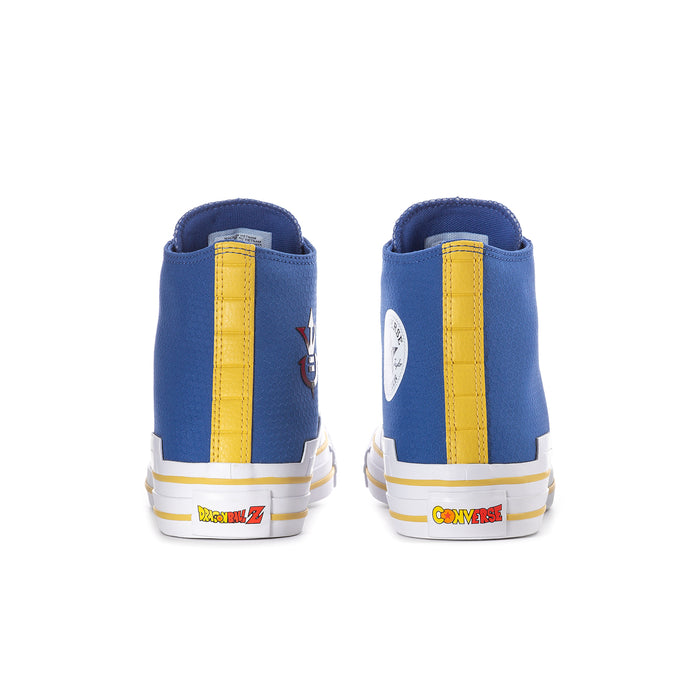 Back view of men's blue high-top sneakers with yellow heel accents and white rubber sole