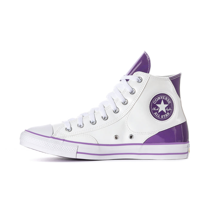 Men's high-top sneakers with purple tongue patch, white upper, and purple side panel