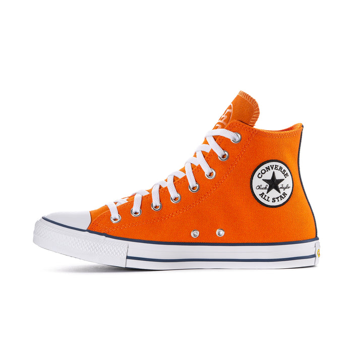Men's Chuck Taylor high-top sneakers in orange with circular side logo and white laces