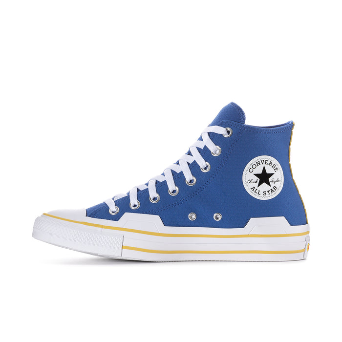 Blue high-top sneaker with Converse All Star patch, white laces, and yellow side trim