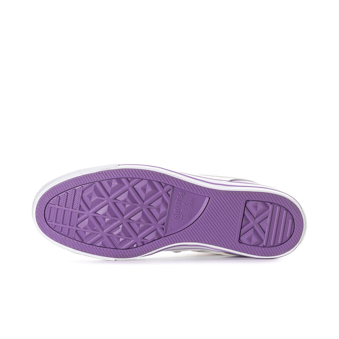 Men's high-top sneaker outsole with purple tread pattern on white rubber base