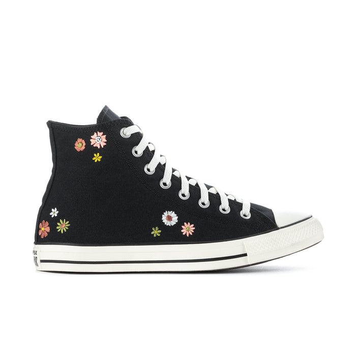 Black high-top canvas sneaker with colorful floral embroidery, lace-up front, white sole