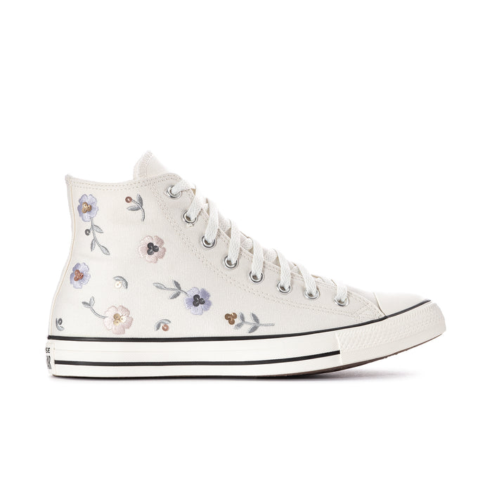 Women's white high-top sneakers with blue/purple floral pattern, lace-up and black toe stripe
