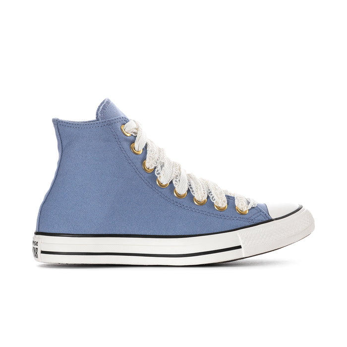Women’s high-top sneakers in blue canvas with white laces and rubber toe cap