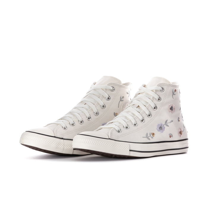Pair of women's white high-top sneakers with blue and purple floral embroidery, lace-up