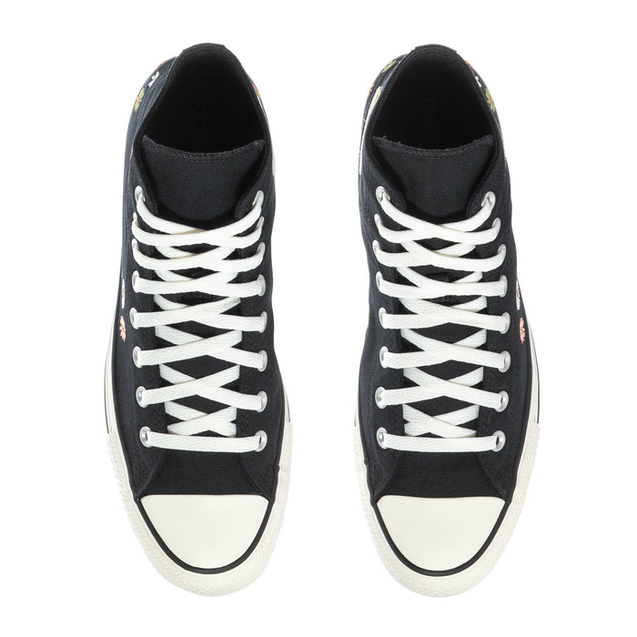 Pair of black high-top sneakers showing white crisscross laces and toe caps