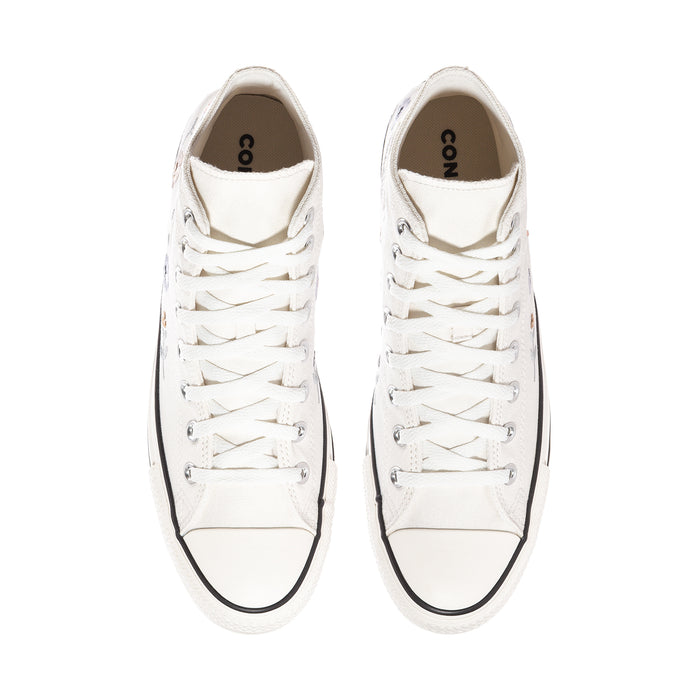 White high-top sneakers, front view with laces; inner tongue shows Converse logo