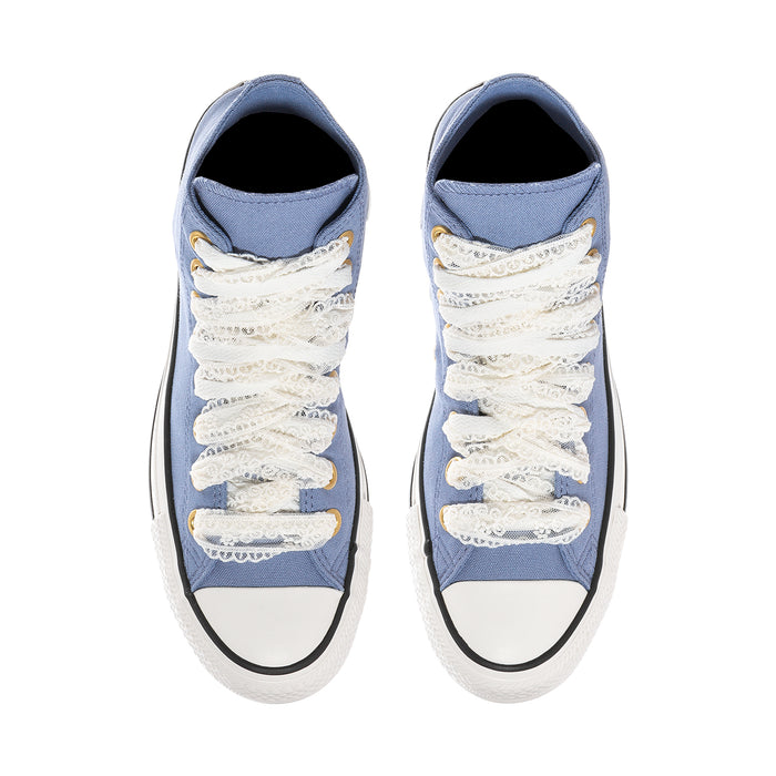 Women’s blue high-top sneakers with white lace-up uppers and black rubber toe caps