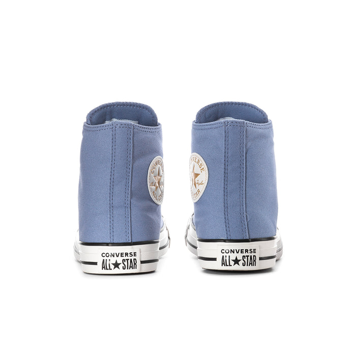 Women’s blue high-top sneakers from heel view with Converse All Star patch and logo