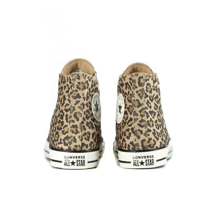 Women’s leopard-print high-top sneakers, heel view with CONVERSE ALL STAR label