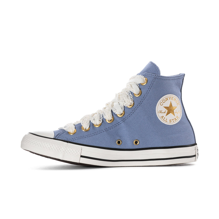 Women’s blue high-top sneakers with white laces, gold eyelets, and Converse logo patch