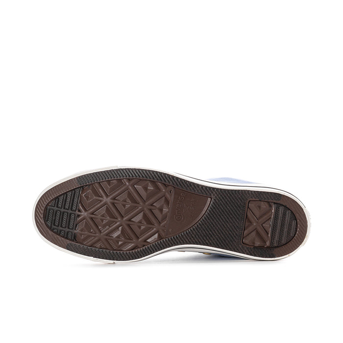Blue high-top sneaker outsole with textured tread and white rubber edge