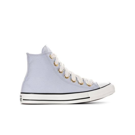 Youth high-top sneakers in light purple with white laces, gold eyelets, and black trim