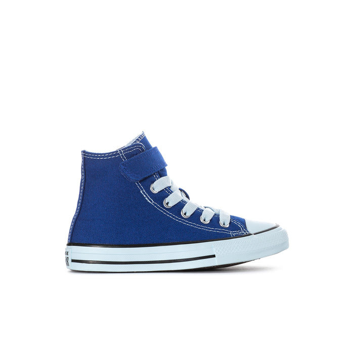 Kids' blue high-top Converse canvas sneakers with white laces and rubber toe cap