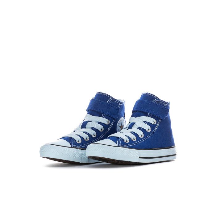 Kids' blue high-top Converse sneakers, side view, hook-and-loop strap detail
