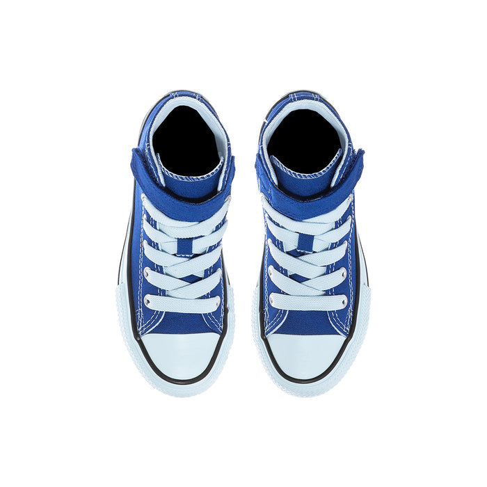 Kids' blue high-top Converse sneakers, front view with dark interior lining
