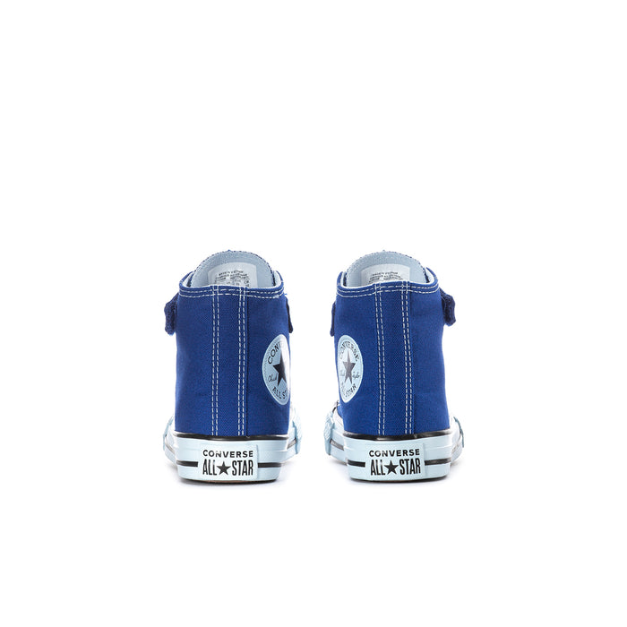 Kids' blue Converse high-top sneakers with heel pull tabs and All Star logo